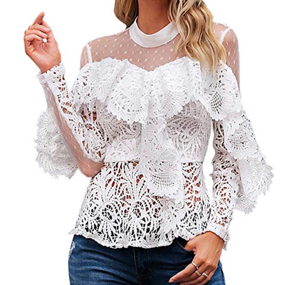 White Ruffle and Lace Peplum Top